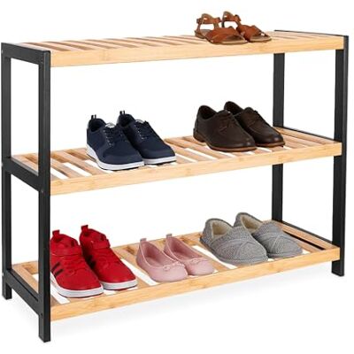Relaxdays Estante para Zapatos , H x B x T: 55 x 70 x 26 cm, bambú, 3 Niveles, 9 Pares, Natural/Negro Relaxdays Estante para Zapatos , H x B x T: 55 x 70 x 26 cm, bambú, 3 Niveles, 9 Pares, Natural/Negro