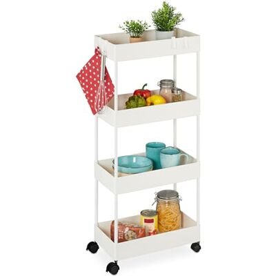 Relaxdays Carrito Auxiliar, 4 Niveles, 93 x 40 x 22 cm, 4 Ruedas, Baño, Cocina, Metal y Plástico, Carro Estrecho, Blanco Relaxdays Carrito Auxiliar, 4 Niveles, 93 x 40 x 22 cm, 4 Ruedas, Baño, Cocina, Metal y Plástico, Carro Estrecho, Blanco