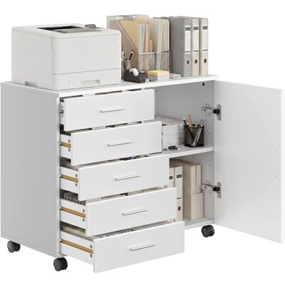 VASAGLE Archivador Móvil con 5 Cajones, 2 Estantes con Puerta, Cajonera, Soporte para Impresora, con Guías Deslizantes sin Tornillos, para Oficina, Casa, Blanco Nube VASAGLE Archivador Móvil con 5 Cajones, 2 Estantes con Puerta, Cajonera, Soporte para Impresora, con Guías Deslizantes sin Tornillos, para Oficina, Casa, Blanco Nube
