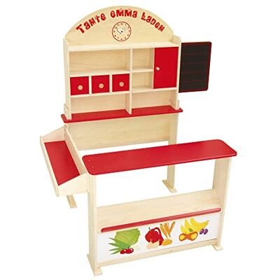 roba Tienda Infanil en Madera Tante Emma Con Mostrador Frontal y Lateral, Puertas Correderas y Pizarra para Tizas, 3 Cajones de Madera Natural / Rojo roba Tienda Infanil en Madera Tante Emma Con Mostrador Frontal y Lateral, Puertas Correderas y Pizarra para Tizas, 3 Cajones de Madera Natural / Rojo