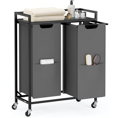 VASAGLE Clasificador de ropa sucia, 29 galones (110 L) cesta de lavandería con 2 compartimentos, carrito rodante con ruedas, estante, bolsas extraíbles, bolsillos, gris pizarra y gris carbón VASAGLE Clasificador de ropa sucia, 29 galones (110 L) cesta de lavandería con 2 compartimentos, carrito rodante con ruedas, estante, bolsas extraíbles, bolsillos, gris pizarra y gris carbón