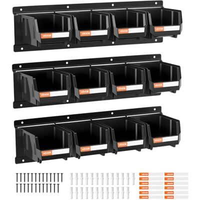 VEVOR Cajas Apilables de Pared, 137 x 105 x 75 mm, 3 Rieles Metálicos, Cajas de Almacenamiento Visibles para Tornillos, Tuercas, Pernos y Clavos, para Taller, Oficinas, Garaje, Color Negro, 12 uds VEVOR Cajas Apilables de Pared, 137 x 105 x 75 mm, 3 Rieles Metálicos, Cajas de Almacenamiento Visibles para Tornillos, Tuercas, Pernos y Clavos, para Taller, Oficinas, Garaje, Color Negro, 12 uds