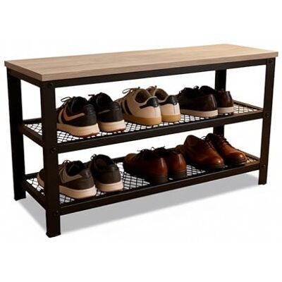 Relaxdays Banco Zapatero 6 Pares, 45x73x30 cm, 2 Estantes de Rejilla, Efecto Madera, Marrón Claro/Negro Relaxdays Banco Zapatero 6 Pares, 45x73x30 cm, 2 Estantes de Rejilla, Efecto Madera, Marrón Claro/Negro