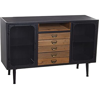 DRW Aparador con 2 Puertas Rejilla y 5 cajones de Metal y Madera DM en Negro y Natural 124x40x70cm DRW Aparador con 2 Puertas Rejilla y 5 cajones de Metal y Madera DM en Negro y Natural 124x40x70cm