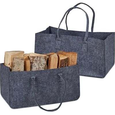 Relaxdays 2 Bolsas para Leña XXL, Cesta Almacenaje con Asas, 28l, Leñero Fieltro Resistente, Zapatero, Revistero, Gris Relaxdays 2 Bolsas para Leña XXL, Cesta Almacenaje con Asas, 28l, Leñero Fieltro Resistente, Zapatero, Revistero, Gris