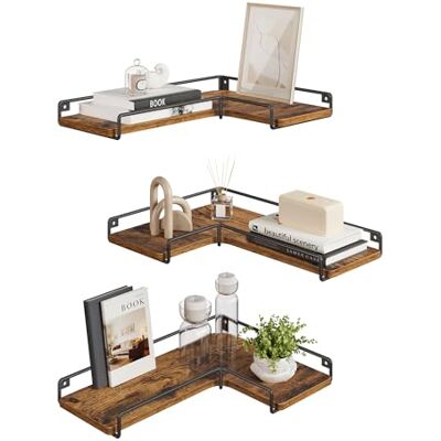 VASAGLE Estantes de Esquina en Forma de L, Juego de 3, Baldas Pared, Protecotor de Acero, Estilo Industrial, para Salón, Dormitorio, Cocina, Marrón Rústico LLS833KD01 VASAGLE Estantes de Esquina en Forma de L, Juego de 3, Baldas Pared, Protecotor de Acero, Estilo Industrial, para Salón, Dormitorio, Cocina, Marrón Rústico LLS833KD01