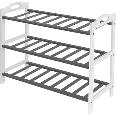 Relaxdays Estante para Zapatos , HxBxT: 48 x 70 x 25 cm, bambú, 3 Niveles, para 9 Pares, Zapatero Gris/Blanco Relaxdays Estante para Zapatos , HxBxT: 48 x 70 x 25 cm, bambú, 3 Niveles, para 9 Pares, Zapatero Gris/Blanco