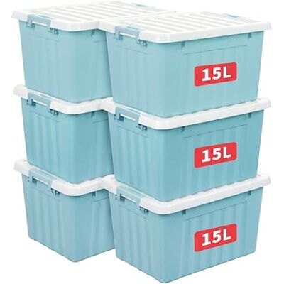 Cetomo 15L*6 Cajas de Almacenamiento con Tapas, Contenedores de Plástico con Broches de Enganche, Clip On, Apilables, Encajables, Organizador Rayado para Ropa Juguetes Armario, Azul, 15L-6 Pack Cetomo 15L*6 Cajas de Almacenamiento con Tapas, Contenedores de Plástico con Broches de Enganche, Clip On, Apilables, Encajables, Organizador Rayado para Ropa Juguetes Armario, Azul, 15L-6 Pack