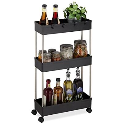 Relaxdays Estantería con Ruedas, 3 Baldas, 70 x 15,5 x 40,5 cm, Carrito Estrecho para Baño y Cocina, 4 Ganchos, Negro Relaxdays Estantería con Ruedas, 3 Baldas, 70 x 15,5 x 40,5 cm, Carrito Estrecho para Baño y Cocina, 4 Ganchos, Negro