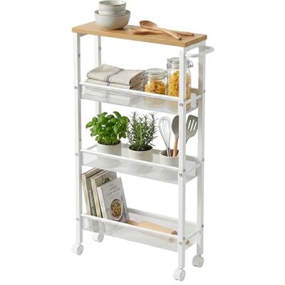 Relaxdays Estantería metálica con 4 Niveles, Ruedas, 77x13x45 cm, para baño y Cocina, Natural/Blanco Relaxdays Estantería metálica con 4 Niveles, Ruedas, 77x13x45 cm, para baño y Cocina, Natural/Blanco