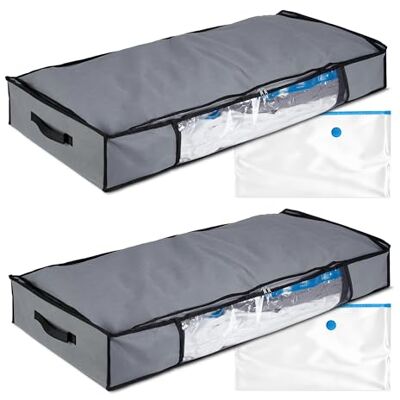 Relaxdays Set 2 Organizadores Ropa Bajo Cama, 2 Bolsas Vacío, Funda Almacenaje Sábanas, Mantas, 15 x 100 x 45 cm, Gris Relaxdays Set 2 Organizadores Ropa Bajo Cama, 2 Bolsas Vacío, Funda Almacenaje Sábanas, Mantas, 15 x 100 x 45 cm, Gris