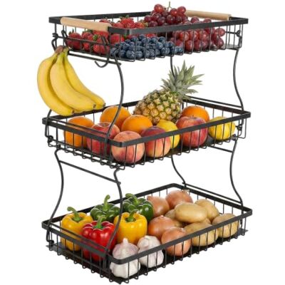 Cozary Cesta de Frutas Metal 3 Pisos, Moderno, Frutero con 3 Bandejas, 3 Ganchos, Fruteros de Cocina para Almacenamiento y Organización Verduras, Fruta, Ahorra Espacio en Cocina, Negro, 37x21x45cm Cozary Cesta de Frutas Metal 3 Pisos, Moderno, Frutero con 3 Bandejas, 3 Ganchos, Fruteros de Cocina para Almacenamiento y Organización Verduras, Fruta, Ahorra Espacio en Cocina, Negro, 37x21x45cm