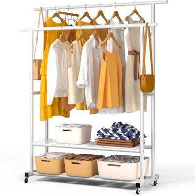 VOUNOT ® Burro Ropa Resistente, Perchero Burro Metálico Doble Barra con Ruedas y 2 Estantes Inferiores, Organizador Móvil de Ropa con Zapatero, Colgador para Dormitorio y Vestidor, 120x40x146 cm Blanco VOUNOT ® Burro Ropa Resistente, Perchero Burro Metálico Doble Barra con Ruedas y 2 Estantes Inferiores, Organizador Móvil de Ropa con Zapatero, Colgador para Dormitorio y Vestidor, 120x40x146 cm Blanco