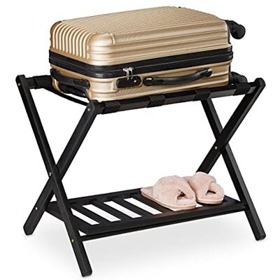 Relaxdays Soporte para Maletas Plegable, Reposa Maletas Madera, Porta equipajes, 2 baldas, 54,5x66x44 cm, Color Negro Relaxdays Soporte para Maletas Plegable, Reposa Maletas Madera, Porta equipajes, 2 baldas, 54,5x66x44 cm, Color Negro