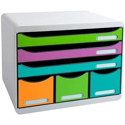 Exacompta Ref. STORE-BOX Pop N'Co Caja de 6 cajones, 3 cajones para documentos A4+ y 3 cajones finos altos Dimensiones exteriores: Prof. 27 x 35,5 x 27,1 cm Exacompta Ref. STORE-BOX Pop N'Co Caja de 6 cajones, 3 cajones para documentos A4+ y 3 cajones finos altos Dimensiones exteriores: Prof. 27 x 35,5 x 27,1 cm