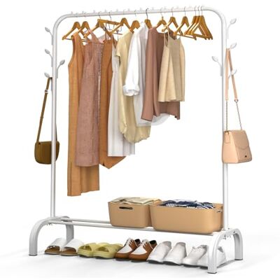 VOUNOT ® Burro Ropa Resistente, Perchero Burro Metálico con Soporte para Zapatos, Organizador de Ropa con Zapatero y Ganchos Laterales, Colgador para Dormitorio y Vestidor, 110x41x147 cm Blanco VOUNOT ® Burro Ropa Resistente, Perchero Burro Metálico con Soporte para Zapatos, Organizador de Ropa con Zapatero y Ganchos Laterales, Colgador para Dormitorio y Vestidor, 110x41x147 cm Blanco