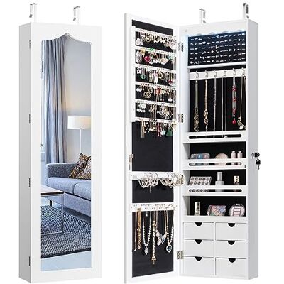 COSTWAY Espejo Joyero de Pared, Armario Joyero con Espejo de Cuerpo Entero, Iluminación LED, Armario para Joyas de Puerta con 6 Cajones, Cerradura, Gran Espacio de Almacenamiento COSTWAY Espejo Joyero de Pared, Armario Joyero con Espejo de Cuerpo Entero, Iluminación LED, Armario para Joyas de Puerta con 6 Cajones, Cerradura, Gran Espacio de Almacenamiento