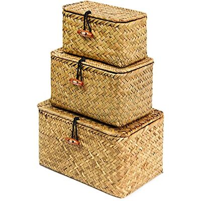 FEILANDUO Juego de 3 cestas de estante con tapa, caja de almacenamiento de hierba marina tejida a mano, cesta de mimbre, organizador de maquillaje de escritorio, contenedor multiusos (original (S/M/L) FEILANDUO Juego de 3 cestas de estante con tapa, caja de almacenamiento de hierba marina tejida a mano, cesta de mimbre, organizador de maquillaje de escritorio, contenedor multiusos (original (S/M/L)