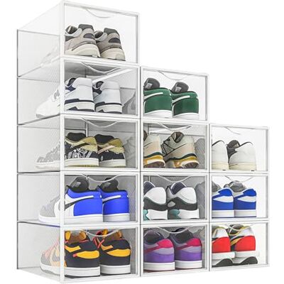 Seseno Paquete de 12 contenedores de almacenamiento de zapatos, organizador de zapatos apilable de plástico transparente para armario, estante plegable para ahorrar espacio, caja de zapatos, Seseno Paquete de 12 contenedores de almacenamiento de zapatos, organizador de zapatos apilable de plástico transparente para armario, estante plegable para ahorrar espacio, caja de zapatos,