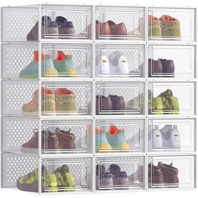 SONGMICS Cajas de Zapatos, Organizador de Zapatos de Plástico, Plegable y Apilable, para Zapatos de hasta Talla 43, Juego de 15, Transparente y Blanco Nube SONGMICS Cajas de Zapatos, Organizador de Zapatos de Plástico, Plegable y Apilable, para Zapatos de hasta Talla 43, Juego de 15, Transparente y Blanco Nube
