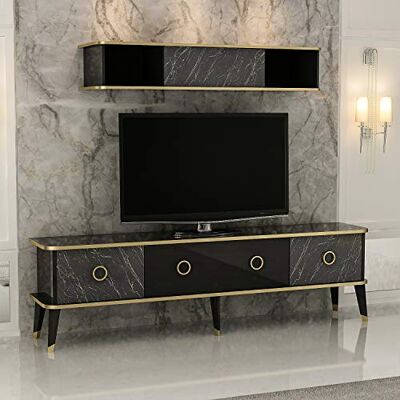 Homemania Mueble para televisión, aglomerado de melamina, Color Negro y Dorado Homemania Mueble para televisión, aglomerado de melamina, Color Negro y Dorado