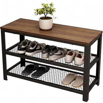 Relaxdays Banco Zapatero con 2 estantes, Rejilla, Asiento Efecto Madera, 45x73x30 cm, marrón/Negro Relaxdays Banco Zapatero con 2 estantes, Rejilla, Asiento Efecto Madera, 45x73x30 cm, marrón/Negro