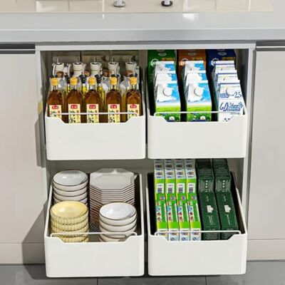 GarveeHome Cesta extensible para cajones de cocina, montaje sin agujeros, organizador multifuncional para armario, baño y despensa, estante de cocina resistente para almacenamiento, color blanco, 25 cm de ancho GarveeHome Cesta extensible para cajones de cocina, montaje sin agujeros, organizador multifuncional para armario, baño y despensa, estante de cocina resistente para almacenamiento, color blanco, 25 cm de ancho
