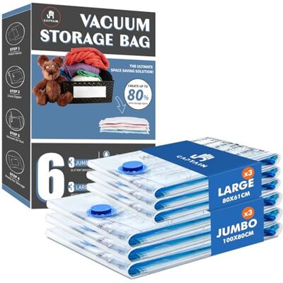 Captainfive Bolsas Vacio Ropa 6 Piezas Grandes y Jumbo, 3 Jumbo 100x80cm + 3 Grandes 80x61 cm, Bolsas de Almacenaje al Vacio para Edredones, Mantas y Ropa de Cama Captainfive Bolsas Vacio Ropa 6 Piezas Grandes y Jumbo, 3 Jumbo 100x80cm + 3 Grandes 80x61 cm, Bolsas de Almacenaje al Vacio para Edredones, Mantas y Ropa de Cama