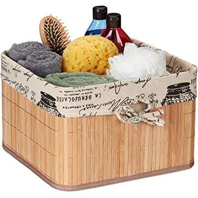 Relaxdays Cesto Almacenamiento Bambú y Poliéster 20x31x31 cm, Cesta con Asa Metálica, Caja Estantería, Natural y Crema Relaxdays Cesto Almacenamiento Bambú y Poliéster 20x31x31 cm, Cesta con Asa Metálica, Caja Estantería, Natural y Crema