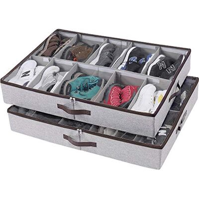 HOONEX Organizador de zapatos debajo de la cama con separadores ajustables, soporte para zapatos con asas de cuero, paquete de 2, almacena 24 pares en total, color gris HOONEX Organizador de zapatos debajo de la cama con separadores ajustables, soporte para zapatos con asas de cuero, paquete de 2, almacena 24 pares en total, color gris