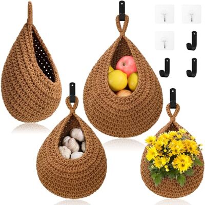 OGOTEZ Canastas colgantes de frutas para cocina, paquete de 3 cestas bohemias para colgar en la pared con 6 ganchos fuertes, soporte colgante tejido a mano, cesta de lágrima para frutas y verduras, patatas y OGOTEZ Canastas colgantes de frutas para cocina, paquete de 3 cestas bohemias para colgar en la pared con 6 ganchos fuertes, soporte colgante tejido a mano, cesta de lágrima para frutas y verduras, patatas y