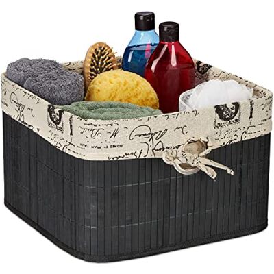 Relaxdays Cesto Almacenamiento Bambú y Tela 20 x 31 x 31 cm, Cesta con Asa Metálica, Caja Estantería, Negro y Crema Relaxdays Cesto Almacenamiento Bambú y Tela 20 x 31 x 31 cm, Cesta con Asa Metálica, Caja Estantería, Negro y Crema