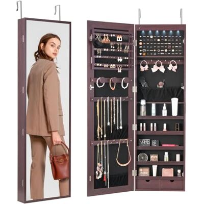 VEVOR Armario para Joyas de 1,2 m de Alto con Cerradura y Espejo de Cuerpo Entero, Armario de Joyas con Espejo para Montaje en Pared o Puerta con Luces LED Interiores y Forro de Terciopelo, Marrón VEVOR Armario para Joyas de 1,2 m de Alto con Cerradura y Espejo de Cuerpo Entero, Armario de Joyas con Espejo para Montaje en Pared o Puerta con Luces LED Interiores y Forro de Terciopelo, Marrón