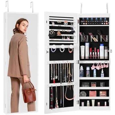 VEVOR Armario para Joyas de 108 cm de Alto con Cerradura y Espejo de Cuerpo Entero, Armario de Joyas con Espejo para Montaje en Pared o Puerta con Luces LED Interiores y Forro de Terciopelo, Blanco VEVOR Armario para Joyas de 108 cm de Alto con Cerradura y Espejo de Cuerpo Entero, Armario de Joyas con Espejo para Montaje en Pared o Puerta con Luces LED Interiores y Forro de Terciopelo, Blanco