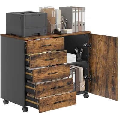 VASAGLE Archivador Móvil con 5 Cajones, 2 Estantes con Puerta, Cajonera, Soporte para Impresora, con Guías Deslizantes sin Tornillos, para Oficina, Casa, Marrón Rústico VASAGLE Archivador Móvil con 5 Cajones, 2 Estantes con Puerta, Cajonera, Soporte para Impresora, con Guías Deslizantes sin Tornillos, para Oficina, Casa, Marrón Rústico