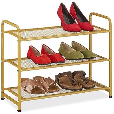 Relaxdays Zapatero, 6 Pares Zapatos, Bambú, 48 x 60 x 25 cm, Soporte Metal Calzado, Estrecho, 3 Baldas, Pasillo, Dorado Relaxdays Zapatero, 6 Pares Zapatos, Bambú, 48 x 60 x 25 cm, Soporte Metal Calzado, Estrecho, 3 Baldas, Pasillo, Dorado