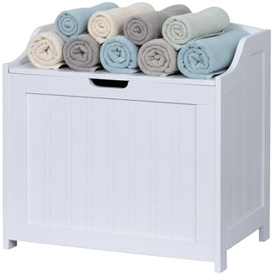 Relaxdays Cofre para ropa, 80 l, para ropa sucia, ropa de cama y juguetes, cofre de almacenamiento con tapa, MDF, blanco Relaxdays Cofre para ropa, 80 l, para ropa sucia, ropa de cama y juguetes, cofre de almacenamiento con tapa, MDF, blanco