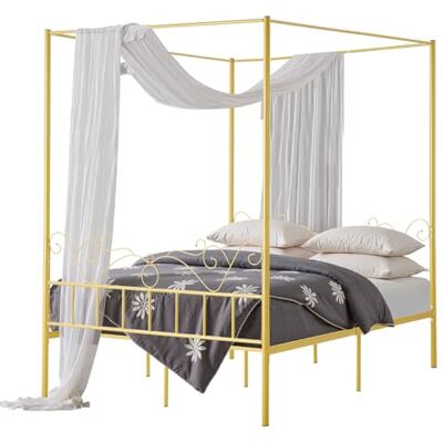 VEVOR Marco de Cama con Dosel de Tamaño Queen, Diseño de 4 Postes de Metal y Cabecero Minimalista Soporte de Láminas de Acero Resistente Espacio de Almacenamiento Debajo, No Necesita Somier, Dorado VEVOR Marco de Cama con Dosel de Tamaño Queen, Diseño de 4 Postes de Metal y Cabecero Minimalista Soporte de Láminas de Acero Resistente Espacio de Almacenamiento Debajo, No Necesita Somier, Dorado