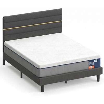 VASAGLE Conjunto de Colchón de Espuma y Cama Tapizada, 135 x 190 cm Conjunto, con Cabecero Ajustable, Espuma con Gel, Estructura de Metal, Azul y Gris Oscuro RMZ126QZ01-01 VASAGLE Conjunto de Colchón de Espuma y Cama Tapizada, 135 x 190 cm Conjunto, con Cabecero Ajustable, Espuma con Gel, Estructura de Metal, Azul y Gris Oscuro RMZ126QZ01-01