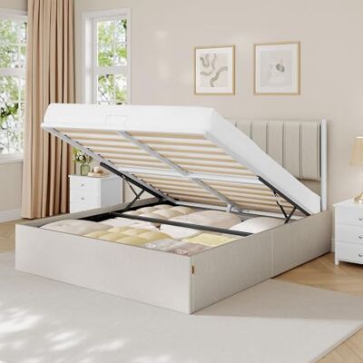 VASAGLE Estructura de Cama, 160 x 200 cm, Cama Elevable, 2 Personas, con Almacenaje, Cabecero, Sistema Hidráulico, Moderno y Minimalista, Fácil Montaje, Beige Capuchino RMB615LH01 VASAGLE Estructura de Cama, 160 x 200 cm, Cama Elevable, 2 Personas, con Almacenaje, Cabecero, Sistema Hidráulico, Moderno y Minimalista, Fácil Montaje, Beige Capuchino RMB615LH01