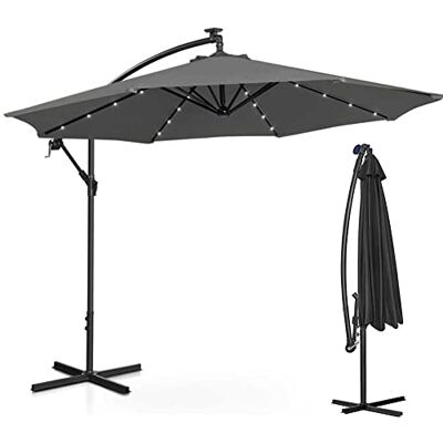 BAKAJI Sombrilla de jardín o terraza con luz 32 LED y panel solar, tamaño 3 x 3 m, plegable, poste lateral descentralizado de acero, base en cruz de tela anti UV, gris, Grande, Moderno y Contemporáneo BAKAJI Sombrilla de jardín o terraza con luz 32 LED y panel solar, tamaño 3 x 3 m, plegable, poste lateral descentralizado de acero, base en cruz de tela anti UV, gris, Grande, Moderno y Contemporáneo
