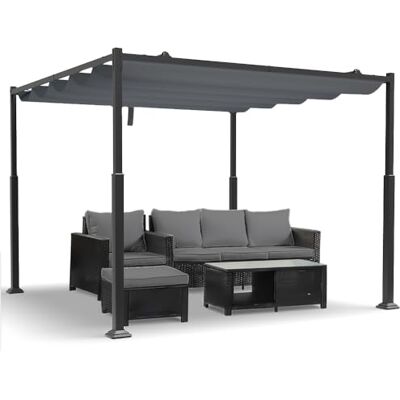 VOUNOT ® Cenador Autoportante 3x3m con Techo Retráctil, Pérgola de Jardín con Lona Corredera de Poliéster 180g/m², Estructura Metálica Estable, Diseño Elegante Patio Terraza Exterior Gris Oscuro VOUNOT ® Cenador Autoportante 3x3m con Techo Retráctil, Pérgola de Jardín con Lona Corredera de Poliéster 180g/m², Estructura Metálica Estable, Diseño Elegante Patio Terraza Exterior Gris Oscuro