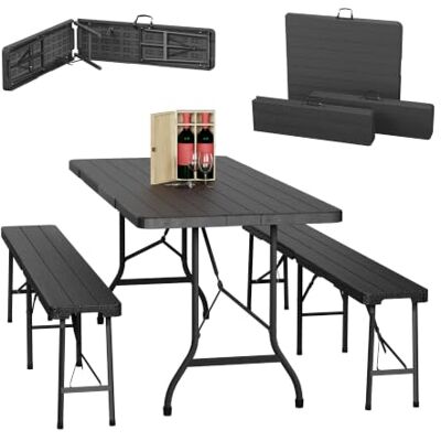 Relaxdays Conjunto Jardín Portátil, 3 Piezas, Mesa Recepción, 2 Bancos Plegables, Exterior, Efecto Madera, Negro Relaxdays Conjunto Jardín Portátil, 3 Piezas, Mesa Recepción, 2 Bancos Plegables, Exterior, Efecto Madera, Negro