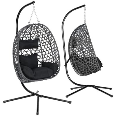 WOLTU Silla Colgante, Hamaca Columpio con Cojín y Reposacabezas, Aspecto Ratán PE y Estructura de Metal, Carga 150 kg, para Jardín, Patio y Terraza, 102x100x196 cm, Negro WOLTU Silla Colgante, Hamaca Columpio con Cojín y Reposacabezas, Aspecto Ratán PE y Estructura de Metal, Carga 150 kg, para Jardín, Patio y Terraza, 102x100x196 cm, Negro