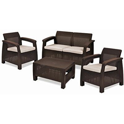 Keter Corfu Conjunto de jardín Exterior 4 plazas y Mesa con Cojines incluidos, Resina con Acabado ratán Plano, Marrón Keter Corfu Conjunto de jardín Exterior 4 plazas y Mesa con Cojines incluidos, Resina con Acabado ratán Plano, Marrón