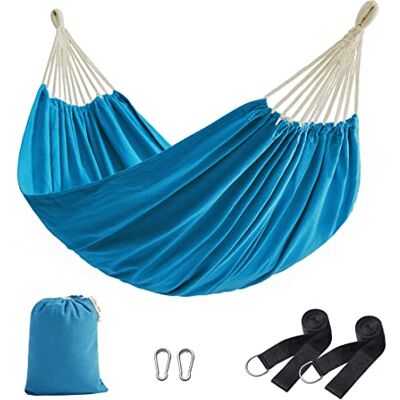 SONGMICS Hamaca Doble, Camping Hammock, 210x150 cm, Carga de 300 KG Hamaca de Algodón y Poliéster Para Jardín, Camping, Bolsa de Transporte, Correas de Fijación y Mosquetones, Azul, GDC15BU SONGMICS Hamaca Doble, Camping Hammock, 210x150 cm, Carga de 300 KG Hamaca de Algodón y Poliéster Para Jardín, Camping, Bolsa de Transporte, Correas de Fijación y Mosquetones, Azul, GDC15BU