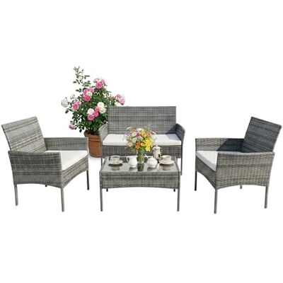 Relaxdays Conjunto jardín para 4, 4 Piezas, Efecto ratán, sofá 2 pl., 2 sillones, Mesa de Cristal, Exterior, Gris Relaxdays Conjunto jardín para 4, 4 Piezas, Efecto ratán, sofá 2 pl., 2 sillones, Mesa de Cristal, Exterior, Gris
