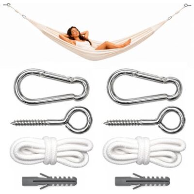 AMANKA Kit para Colgar Hamacas Kit Completo Incl Cuerdas Mosquetones Cáncamos Peso máximo soportado 160 Kg AMANKA Kit para Colgar Hamacas Kit Completo Incl Cuerdas Mosquetones Cáncamos Peso máximo soportado 160 Kg