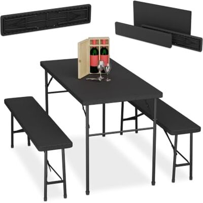 Relaxdays Conjunto Jardín Plegable, 3 Piezas, Mesa de Exterior, 2 Bancos Patio, Camping o Recepción, Efecto Ratán, Negro Relaxdays Conjunto Jardín Plegable, 3 Piezas, Mesa de Exterior, 2 Bancos Patio, Camping o Recepción, Efecto Ratán, Negro