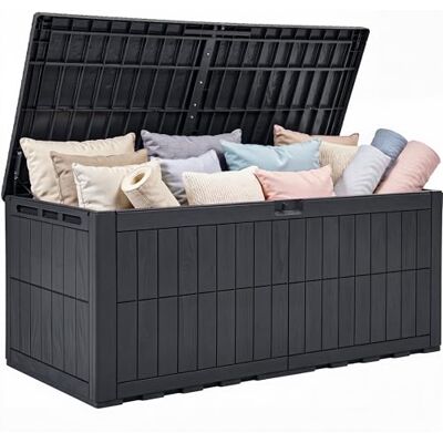 YITAHOME 833L Caja de almacenamiento grande para jardín al aire libre, caja de resina impermeable con cerradura y pistón hidráulico, asiento de banco para 3 personas para cojines de patio y YITAHOME 833L Caja de almacenamiento grande para jardín al aire libre, caja de resina impermeable con cerradura y pistón hidráulico, asiento de banco para 3 personas para cojines de patio y
